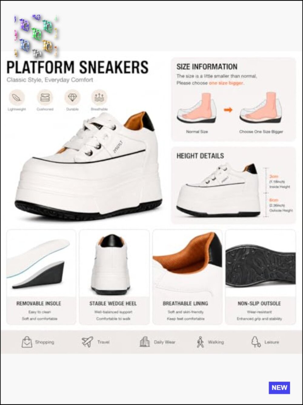 Platform Sneakers Women Chunky Casual Walking Shoes Comfortable Cushioned Arch - Picture 3 of 7
